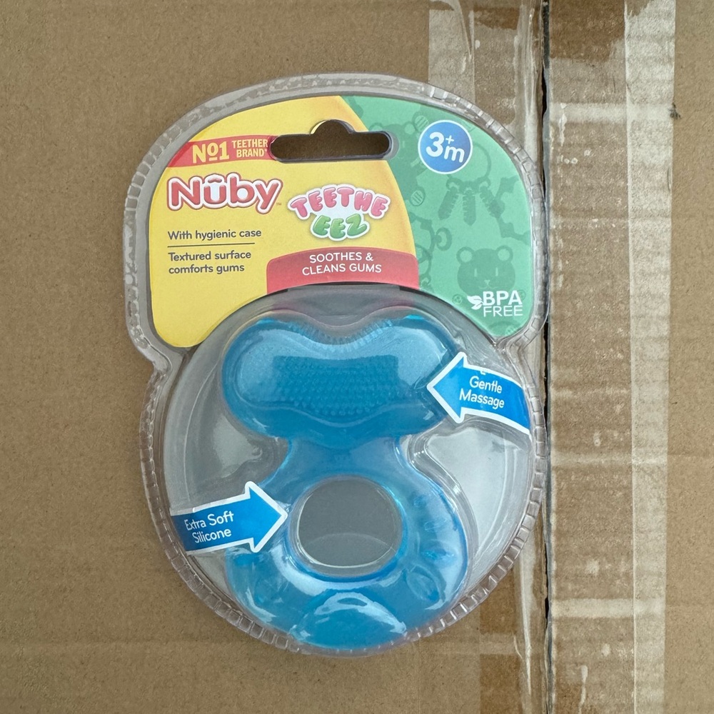3 Nuby Silicone Teethe-EEZ Teether with Bristles, Includes Hygienic Case, Blue